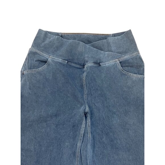 Halara Blue Flared Denim Pant With Stretch Waistband Petite Large - Picture 2 of 5
